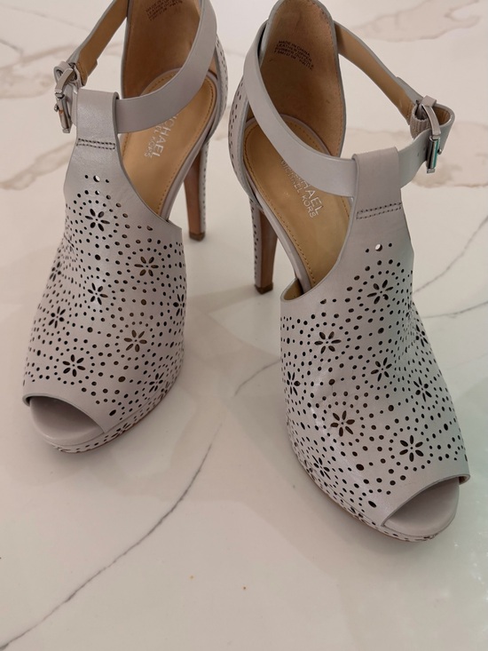 MICHAEL Michael Kors Shoes - MICHAEL Michael Kors Light Gray Perforated Peep-Toe Ankle Strap Heels